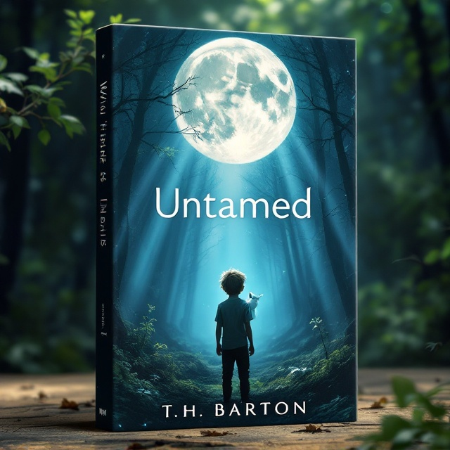 The cover features the young boy in the foreground, his stance full of determination, standing amidst a mystical forest. The lush greenery and towering trees create a natural frame, with beams of moonlight sharply breaking through the canopy above, casting enchanting patterns of light and shadow on the forest floor. The electric squirrel-like creature is perched on the boy's shoulder with an alert, spirited expression, its baby blue fur shimmering with an electric glow that stands out against the tranquil blues and greens of the forest. Above the boy, a massive, luminous full moon takes up the top third of the cover, bathing the scene in a soft glow.