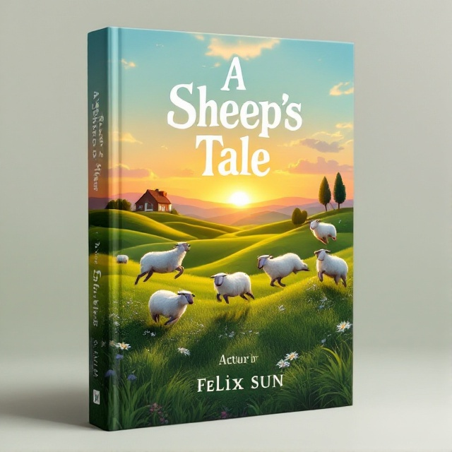 Silhouettes of adventurous sheep are leaping and running across a lush green farm landscape. The horizon shows vivid shades of early dawn sky hinting at an adventure beginning. A subtle, rustic farmhouse and rolling green hills complete the backdrop.