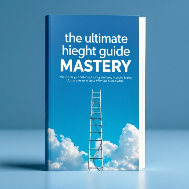 A striking image of a tall ladder reaching up into a bright blue sky with fluffy white clouds. The ladder symbolizes growth and ascension, giving a sense of ambition and limitless possibilities. In the background, a subtle watermark of a measuring tape winds through the design vertically, reinforcing the theme of height and measurement. The cover uses a minimalistic color palette of blue, white, and silver to convey simplicity and confidence.