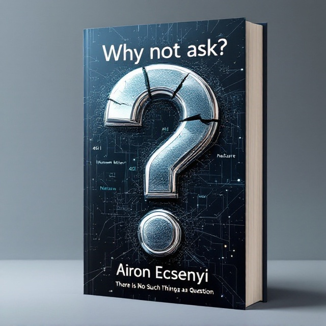 The cover features a large, fragmented question mark at the center, symbolizing the breaking of conventional inquiries. The pieces of the question mark are flying apart, revealing the faint words "AGI" and "Human Nature" nestled in the background. This backdrop resembles a digital or neural network, emphasizing the themes of artificial intelligence and deep human insight. The color palette is a blend of dark blues and metallic silvers, evoking a futuristic and scientific feel.