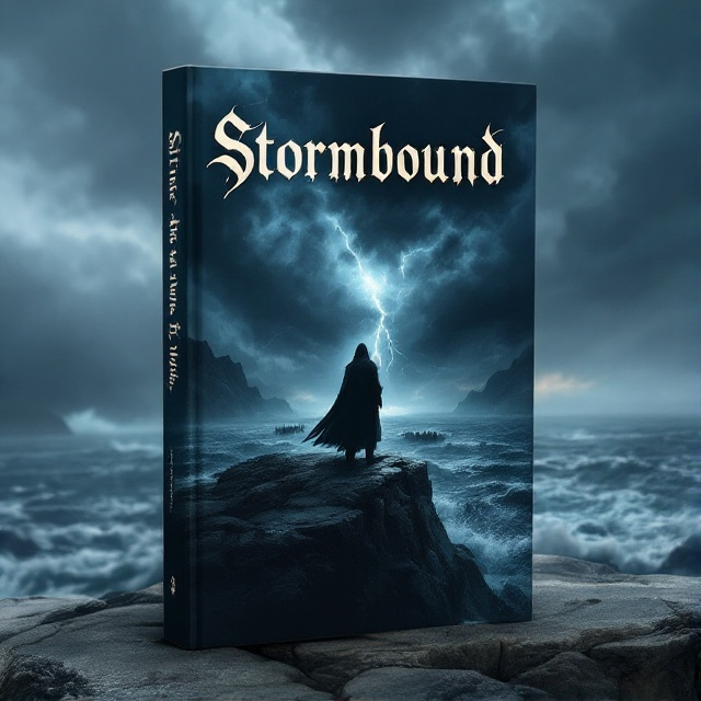 A shadowy figure standing on a windswept cliff, overlooking a tumultuous sea. Dark storm clouds roll in, tinged with hints of lightning. The figure is cloaked, with hints of armor visible, and there's a distant silhouette of an approaching army on the horizon.