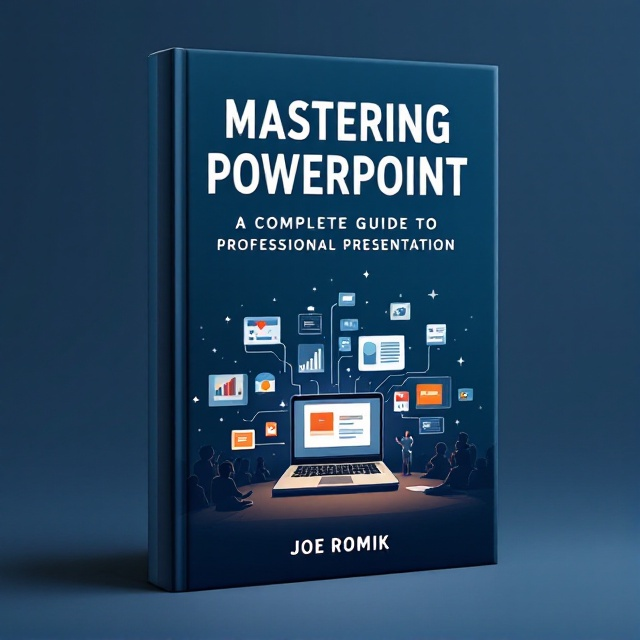 A dark blue background with subtle gradient effects transitioning to lighter shades, creating depth. A minimalist illustration showcasing PowerPoint elements slides and charts interconnected with radial lines. A laptop with a dynamic glow on the screen, displaying a professional slide. Small projection of slide and enthusiastic audience silhouette in the corner.