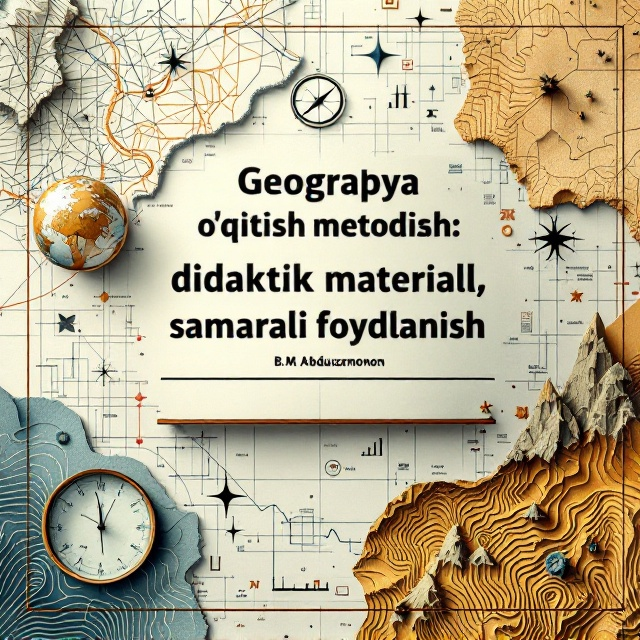 A stylized geographical map serves as the backdrop, incorporating abstract relief lines. Overlay elements include a globe subtly positioned towards the upper center, and a modern world map integrated on the left. A compass is placed in the top right corner, with icons of mountains and rivers subtly blended into the background. Diagrams and graphs intersect elegantly throughout, with finely drawn lines, arrows, and grids weaving through the composition harmoniously.