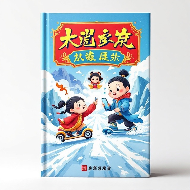In the center of the cover, cartoonish characters are dynamically set with Nezha on his traditional Wind Fire Wheels, now depicted as a modern balancing scooter, crisscrossing with Ao Bing’s icy slide trails. The backdrop creatively features a pixelated rendition of the classic Shanheshèjì Map, suggesting elements of vintage video games. In the upper corner, a playful scene is depicted with Shi Ji Mother holding a smartphone, her head peering through clouds as if conducting a live stream. The color palette is vibrant and energetic, dominated by #FF4500 red and #00BFFF blue.