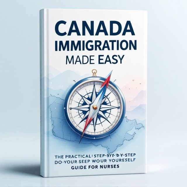 A stylized illustration of a compass overlaid on a subtle, soft map background showing the outlines of Canada. The compass needle points towards a nurse's cap, symbolizing the journey towards a career in Canada. The color palette includes calming blues and whites, with a gentle gradient suggesting northern lights in the background for a dash of hope and inspiration.