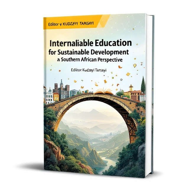 A symbolic bridge arches across the cover, seamlessly integrating university structures on one side with a lush, natural Southern African landscape on the other. Over the arch, open books gently float, symbolizing the flow of knowledge. Below, interconnected nodes form a subtle network, representing international collaboration. The background uses a gradient of earthy browns, merging into blues and greens, signifying resilience and interconnectedness.