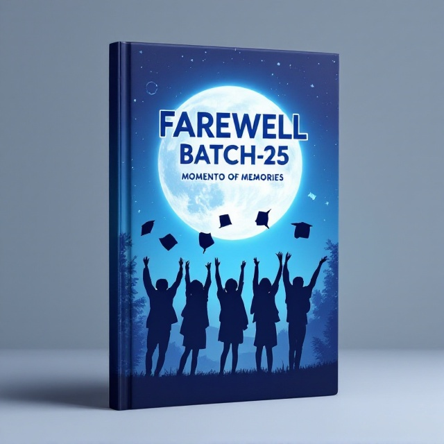 The cover features a group of silhouetted students joyfully tossing graduation caps against a serene twilight sky. A large, luminous moon casts a gentle bluish glow across the scene, symbolizing dreams and futures. The background subtly includes faded school-related symbols such as geometry shapes, books, and clocks scattered lightly, representing memories.