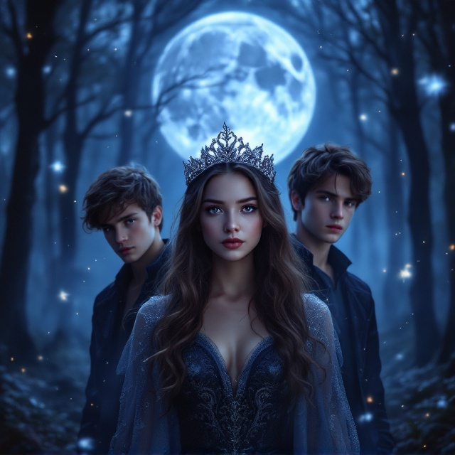 A mystical twilight scene with a moonlit forest as the background. In the foreground, a brown-haired girl wearing a delicate silver crown stands prominently. Two boys flank her, one on each side, partially hidden among the shadows of the forest. The trio is surrounded by a misty aura, with faint glimmers resembling magical sparks dancing in the air. The overall color palette consists of deep blues, purples, and silver hues to convey a sense of intrigue and drama.