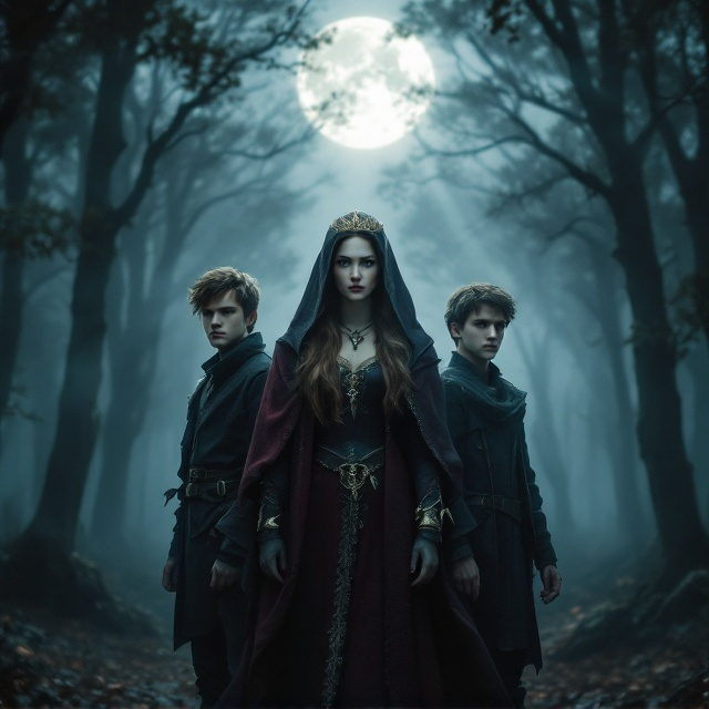 The cover is set in a shadowy forest with creeping mist that creates a mystical atmosphere. In the center, the protagonist stands resolute, her brown hair partially covered by a hood, under which a delicate golden crown is barely visible. Her attire is regal but worn, hinting at a past grandeur. At her side, two boys stand as protectors; one looks fiercely determined, while the other, though slightly battered, emanates readiness for the fight. A ray of moonlight cuts through the mist, casting an ethereal glow around them.