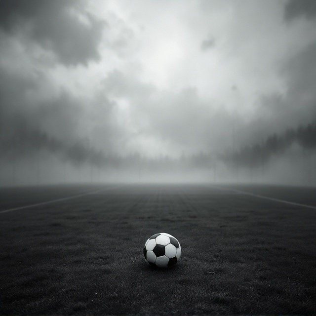 The cover features a stark, grayscale image of a soccer field under a cloudy, oppressive sky, partially obscured by mist. In the foreground, there is a lone soccer ball, slightly deflated, resting on worn turf, symbolizing the end of an era. The edges of the cover are faded, mimicking aged photographs, enhancing the sense of nostalgia and loss.
