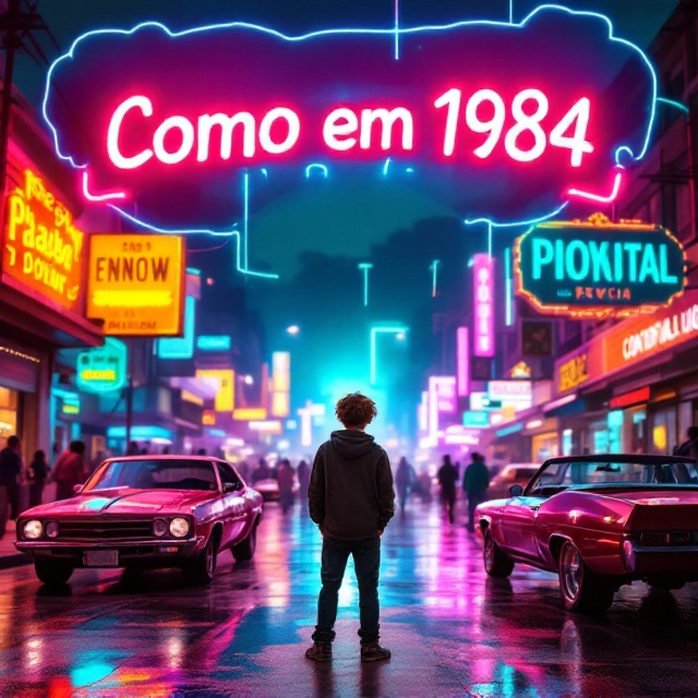 A 15-year-old adolescent stands bewildered in the center of a bustling 1980s street. Vibrant neon signage illuminates the scene, casting colorful reflections on classic cars like a Chevrolet Impala. People are seen in period attire bustling around. Above, a transparent silhouette of a futuristic neural headset hints at advanced technology. The boy has a subtle glitch effect, suggesting a time-travel motif. The color palette blends neon blues and purples with warm oranges, creating a past-versus-future contrast, while subtle electric arcs streak across the sky, foreshadowing a temporal anomaly. The overall style is cinematic with dramatic lighting and realistic details.