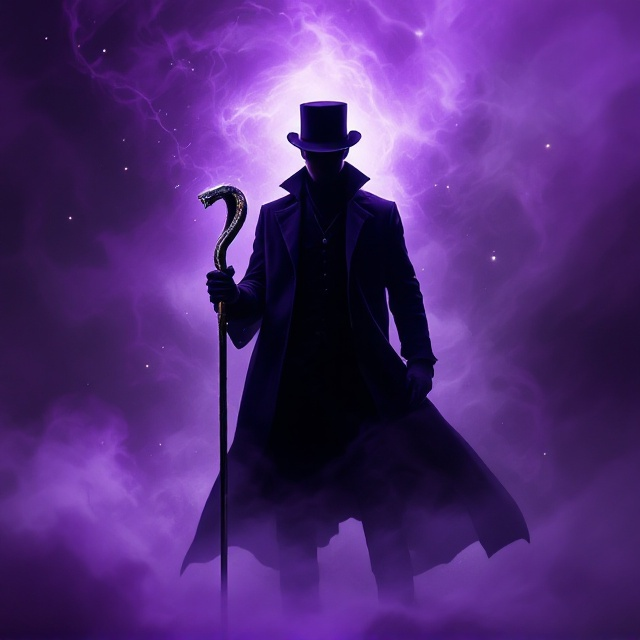The cover features a mysterious man standing in the center, draped in a long black coat and wearing a classic top hat. His figure is partially silhouetted against an ethereal, swirling purple background. In his hand, he holds a cobra-headed cane, with the snake seemingly coming to life as it twines around the cane, its scales shimmering subtly. The cobra's eyes are glowing, setting an adventurous and mystical tone. Wisps of mist and shadow surround the man, suggesting magical elements.
