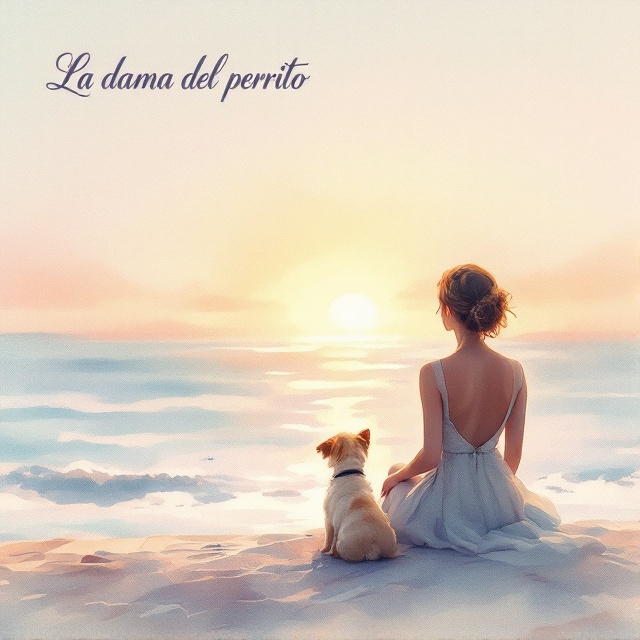 A soft watercolor painting depicting a serene seaside scene. The central focus is a small, elegant dog sitting patiently by the woman's side, both gazing out at the ocean as the sun sets. The background blends soft hues of pink, orange, and blue, symbolizing fading love and melancholy. The figures are slightly blurred, emphasizing an emotional distance and longing.