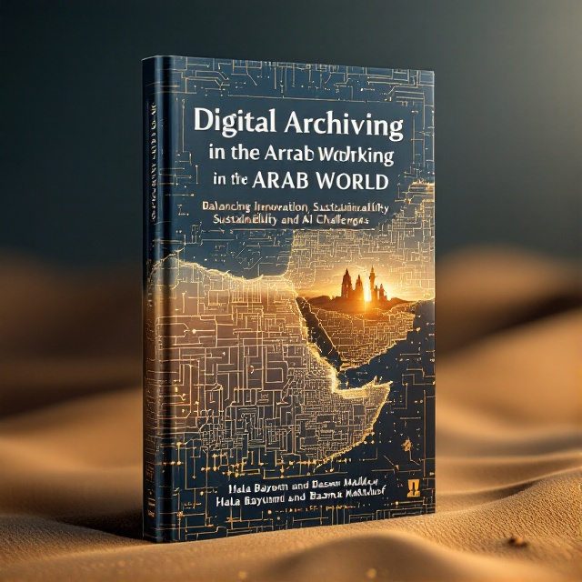 An intricate, digital-style map of the Arab world, with circuits and data patterns. In the background, subtle patterns of desert sands blend with binary code sequences. Colors in earthy tones like brown and sand, contrasted with metallic silver and deep blue to represent technology. A faint silhouette of traditional Arab architecture peers through the digital map, symbolizing the balance between tradition and innovation.