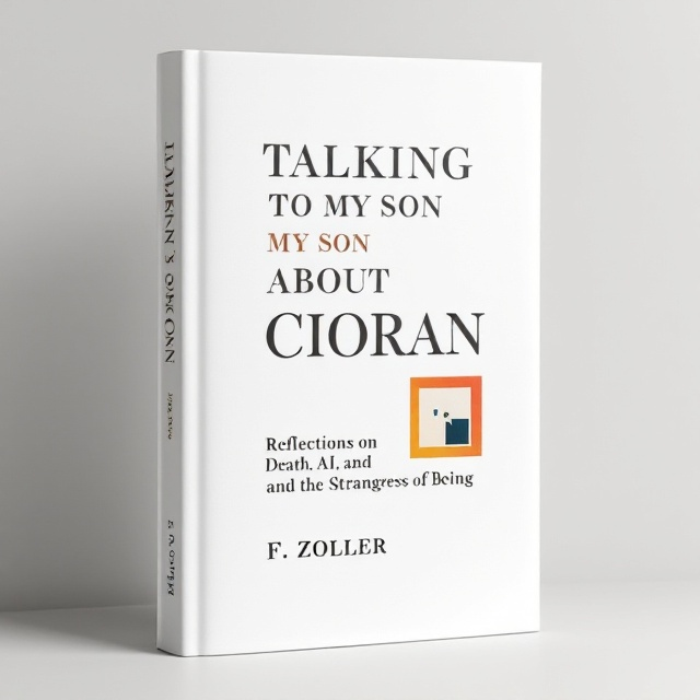 A pristine white background with a minimalistic aesthetic dominates the cover. The large main title "Talking to My Son About Cioran" is positioned centrally and prominently. Below it, the subtitle "Reflections on Death, AI, and the Strangeness of Being" is in a smaller font. A subtle, colorful square inspired by Kandinsky or Matisse is placed in the corner, lending a touch of artistic flair. The author's name, F Zoller, is delicately inscribed at the bottom in a modest size, complementing the overall classy design.