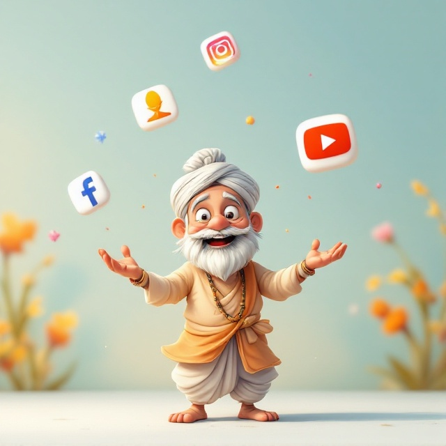 A whimsical cartoon illustration of a Hindu pandit character with a jovial expression. He's juggling oversized icons of Facebook, Instagram, and YouTube which float around him in a playful manner. The background is a light, pastel-colored setting, perhaps a digital space that feels open and inviting, with subtle nods to traditional Indian motifs to balance the modern elements.