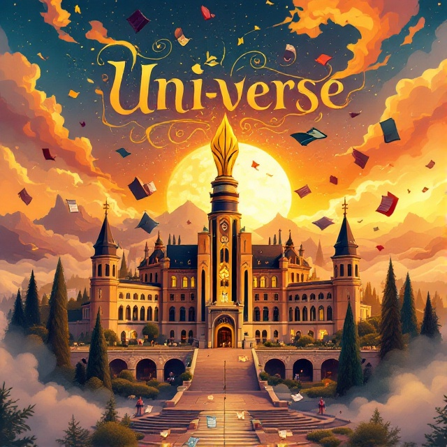 A whimsical and vibrant illustration of Tehran University of Medical Sciences with fantastical elements like floating books, comical mythical creatures, and an oversized fountain pen as the main architectural feature. The setting is bathed in a golden sunset, casting a magical glow and creating a sense of drama and humor.
