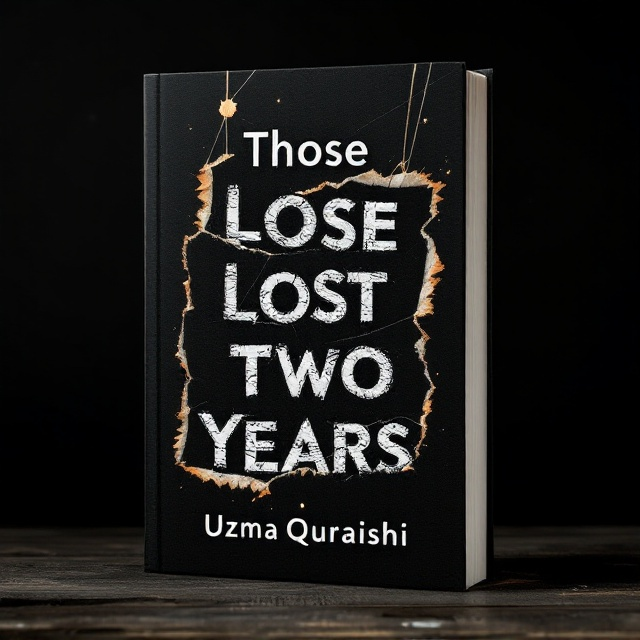 The cover features a torn and faded photograph with missing faces suspended prominently against a stark black background. The edges of the photograph appear burnt and frayed, suggesting a past fire or destruction. Threads or faint strings are visible, attempting to hold the torn photograph pieces together, evoking a sense of fragmented memory. The cover is lightly textured to mimic the feel of aged paper or worn out leather, adding depth to the design.
