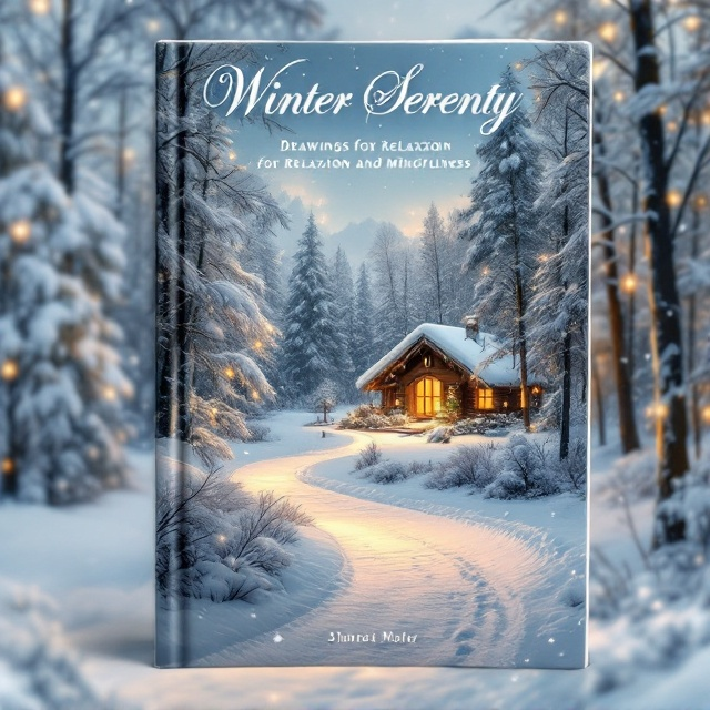 A tranquil winter landscape image featuring snowflakes drifting lazily over a still, snow-draped forest. In the foreground, a winding path meanders through the scene, leading the eye towards a cozy cabin with warm, golden lights softly shining through the windows. Snow-covered trees frame the scene, enhancing the sense of serenity. The overall color palette consists of soft blues, whites, and hints of gold to create a peaceful, calming atmosphere.
