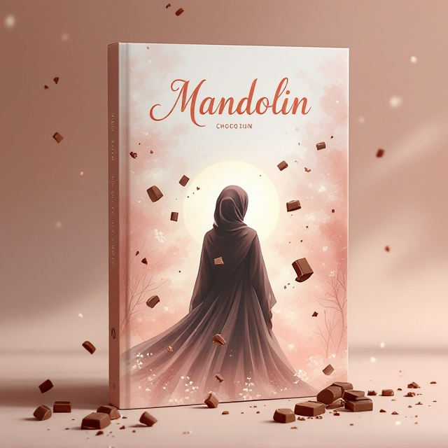 The cover features soft, dreamy hues of mauve, pink, and white that create a romantic and mysterious atmosphere. Scattered chocolates appear to float across the cover, giving an impression of sweetness and indulgence. At the center, a hijab-wearing girl is depicted from the back, with an ethereal, elegant dress whose details blend seamlessly with the background. Her figure is illustrated as a shadow, adding depth and intrigue. The interplay of light and shadow across the scene contributes a sense of movement and deep emotion.