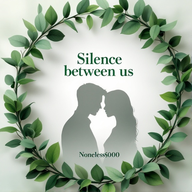 Lush green leaves form a circular frame in the center, with a serene background of soft pastel hues. In the middle, an abstract depiction of two silhouettes in subtle grayscale, exuding a sense of mystery and intimacy.