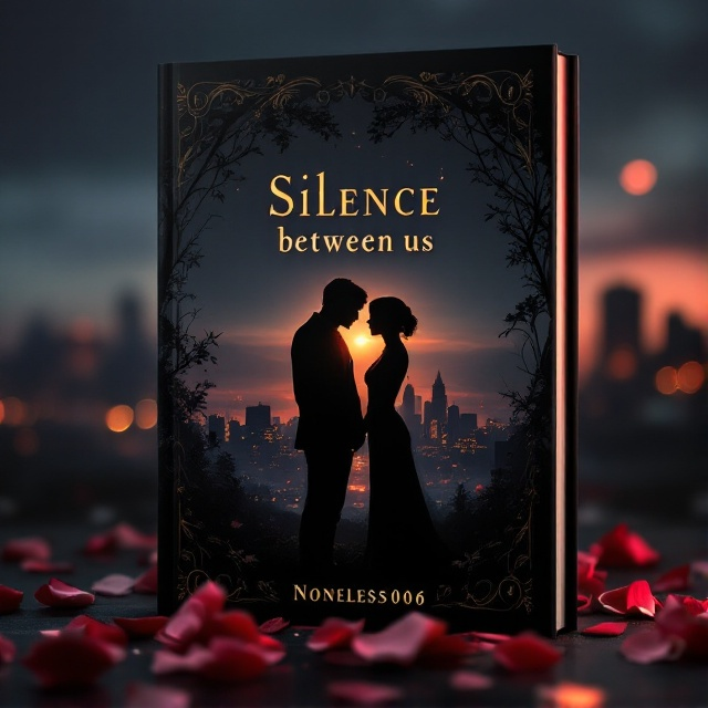 A dark, elegant, and romantic setting at twilight shows a city skyline silhouetted against the glowing horizon. In the foreground, a silhouette of a couple stands, their figures slightly apart yet connected by a faint shimmering line of light between them, representing a silent and powerful connection. Soft, scattered petals of roses overlay the lower part to enhance the romance.