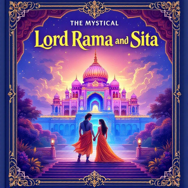 Illustrate a vivid scene of Lord Rama and Sita, gracefully positioned in the foreground with elegant attire that emphasizes their divine and noble essence. Behind them is a grandiose palace rendered in soft pastel tones to convey a magical ambiance. The sky is a glorious tapestry of twilight colors, enhancing the mystical atmosphere.