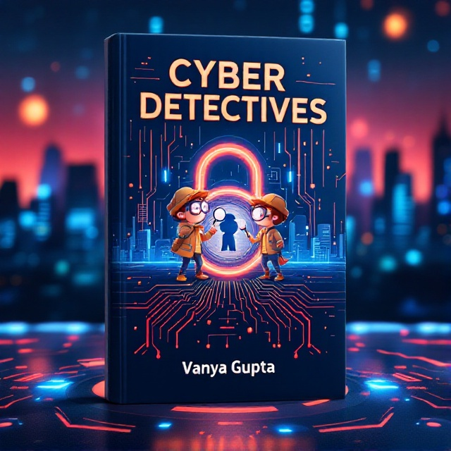 A futuristic city skyline forms the background, with digital elements like binary code streams and holographic displays. In the foreground, cartoonish kids dressed as detectives are animatedly examining a large lock symbol with magnifying glasses and gadgets. The lock symbol is prominently displayed in the center, integrating circuit patterns. The color palette features vibrant hues of red, blue, and orange to convey excitement and curiosity.