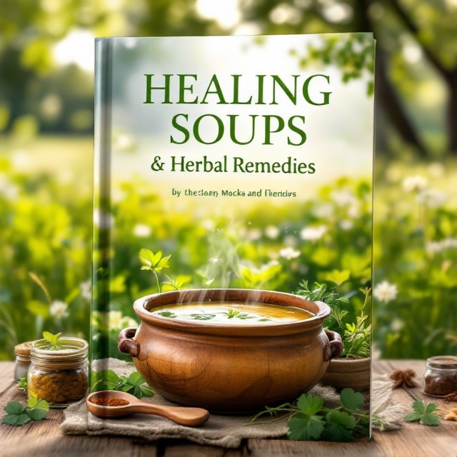 A serene landscape featuring an open field where a gentle breeze sways clusters of clovers. In the foreground, a rustic wooden bowl filled with a vibrant, steaming herbal soup. Surrounding the bowl are sprigs of fresh herbs, small jars of spices, and a small wooden spoon. Soft, warm light filters through nearby trees, casting dappled shadows that create a sense of depth and tranquility.