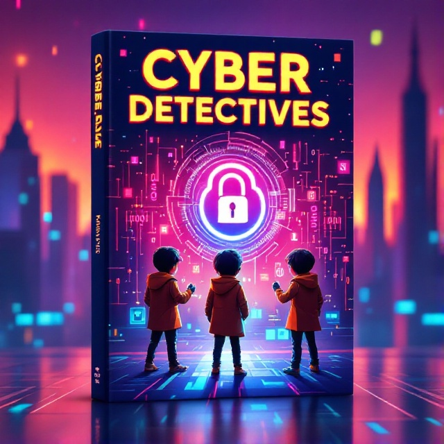 The cover features a cartoonish illustration of three kids dressed as detectives. They stand in dynamic poses on a digital landscape filled with code running in the background. A large lock symbol appears in the center, surrounded by floating digital elements like binary numbers and circuit patterns. The futuristic city skyline is faintly visible, giving a sense of depth.