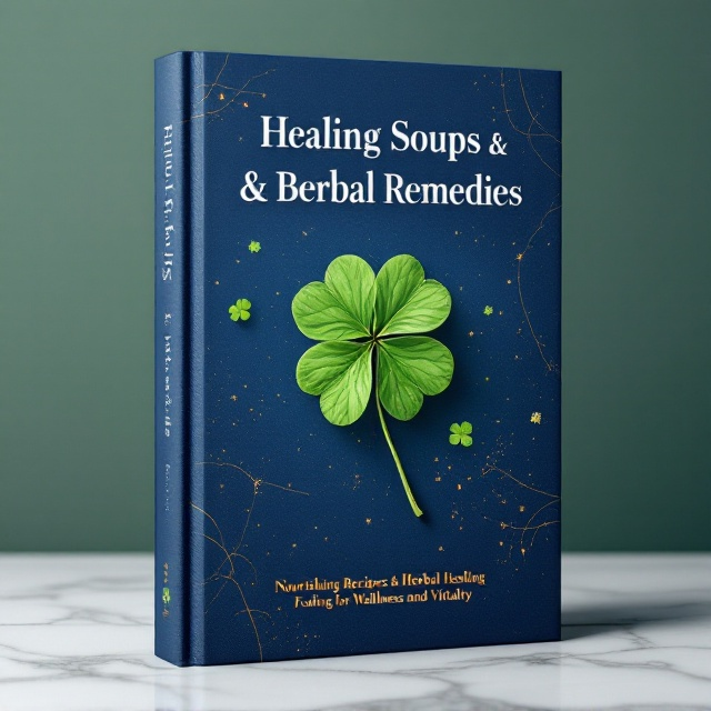 A rich, dark blue background serves as the canvas. Centered prominently is a clover motif, intricately detailed, evoking a sense of natural harmony and health. This element symbolizes the book's herbal theme, with delicate golden lines interspersed to hint at the warmth and healing properties of the contents. The overall visual brings a calming and nurturing aura to the forefront.