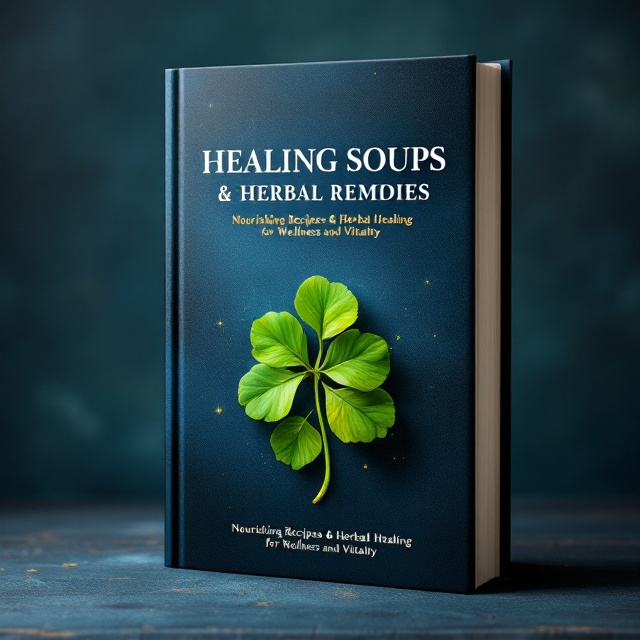 A richly textured dark blue background sets a serene and calming stage for the design. A central image of a lush, green clover plant, symbolizing nature's healing power, emanates a soft glow. This image occupies the middle of the cover, suggesting vitality and organic health. The overall mood is one of natural harmony and comfort, enhanced by gentle lighting effects that suggest warmth and care.