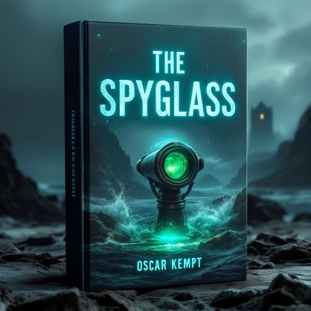 A dark, turbulent sea stretches across the lower half of the cover, its waves crashing against jagged rocks. A large spyglass is partially submerged in the water, emanating a mysterious green glow that contrasts starkly with the shadowy sea. The scene is set under a moody, overcast sky. In the distance, barely visible through a mist, stands an ancient stone building with a single window open, suggesting a secret watching presence. The overall atmosphere is one of foreboding and intrigue.