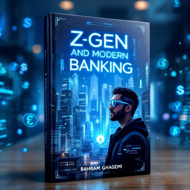 A futuristic cityscape with towering skyscrapers featuring holographic displays and neon lights. In the foreground, a Z Generation character with digital glasses and a smartwatch gazes at floating digital currency symbols. The backdrop showcases a blend of classic financial buildings merging with modern technology.