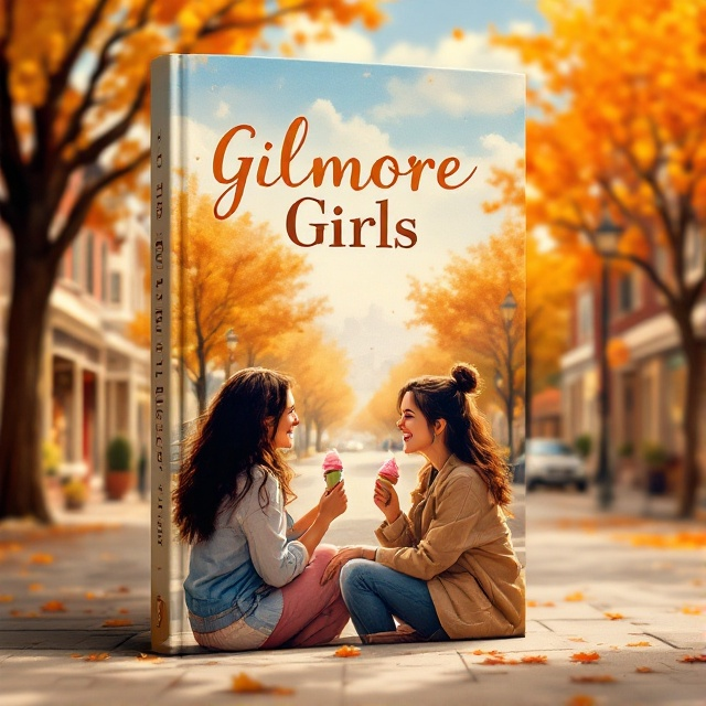 A picturesque and warm-toned illustration of a cozy small-town street, capturing the essence of a sunny day. In the foreground, a mother and daughter (representing the bond featured in the book) are sitting on a bench, laughing and enjoying an ice cream. Trees with autumn leaves frame the scene, adding charm and warmth.