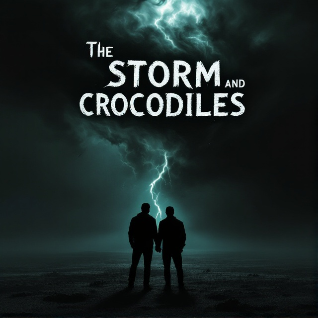 Silhouettes of two men, Anish and Bobby, stand under a dark, swirling storm on a vast, empty landscape. The storm clouds morph into the menacing shapes of crocodiles. The scene is set against a stark black background, with elements in shades of dark green and grey to emphasize the thriller and suspense genre.