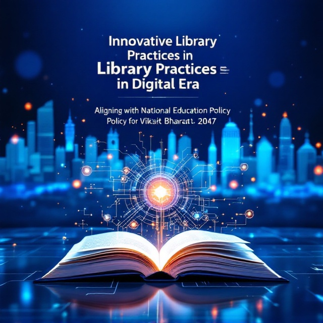 The cover prominently features a digitally-rendered futuristic cityscape representing "Viksit Bharat" in the background, symbolizing the development India envisions by 2047. Overlaid on this is a delicate network of digital circuits, emphasizing the digital era theme. In the foreground, an open book is depicted with digital elements hovering above its pages, symbolizing the integration of education and technology. The entire scene is washed in a soft gradient of blues.