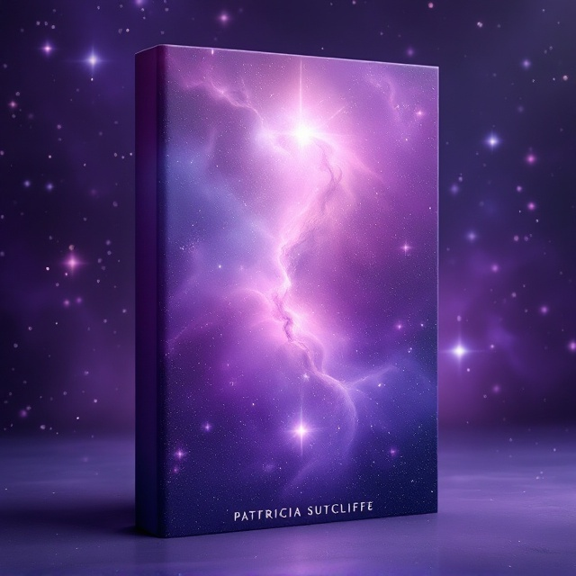 A vast expanse of the purple-hued universe set as the background, featuring swirling galaxies and vivid nebulae, suggesting the mystery and beauty of the afterlife. In the center, ethereal light beams emerge, radiating outward to form abstract patterns symbolizing a connection with something divine and infinite. Soft wisps of light and shadow create a serene and otherworldly atmosphere, invoking peace and calmness.