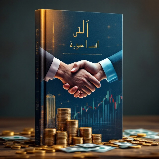 The cover features a majestic bank building on the left, bathed in golden light, conveying stability and power. Financial graphs rise diagonally across the cover, merging with a prominent handshake in the center that signifies trust and partnership. The foreground displays layered stacks of coins and scattered dollar bills, evoking wealth and economic growth. A subtle overlay of a stock market chart adds analytical depth to the design, while the background transitions from a deep blue at the top to a lighter blue at the bottom.