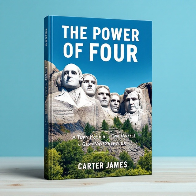 A digital illustration of Mount Rushmore with the faces of Tony Robbins, Grant Cardone, Dan Martell, and Gary Vaynerchuk replacing the traditional figures, set against a clear blue sky. The mountain's base includes green, vibrant foliage to symbolize growth and prosperity. Above the monument, the book title "The Power Of Four" arches across the sky in bold white letters, maintaining a balance between prominence and integration within the scene.