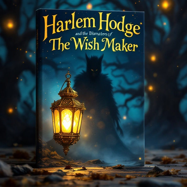 A mystical golden lantern with ornate carvings and four sides is prominently placed in the foreground. Behind it looms a shadowy, indistinct creature, barely visible in the dim light. To the right, a gigantic tree with sprawling, twisting branches rises majestically. To the left, a wicked witch with sharp features and vivid green skin peers menacingly from the shadows. The scene is set under a deep blue sky with scattered, glowing stars.