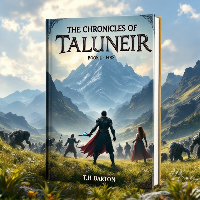 The cover features an expansive grassy plain under a bright sky, dominated by a majestic mountain range in the background. In the foreground, the three adventurers stand poised for battle against a threatening horde of grey-skinned goblins and orcs. The dark elf, positioned in the middle, is dramatically in action pose with his chakram raised and dagger ready, the amethyst gems glowing faintly. The dwarf stands to the left, feet firmly planted, his two-handed mace poised for impact, sunlight glinting off his stone-flesh. To the right, the human female exudes mystical energy, her robe flowing as she holds her staff with authority.