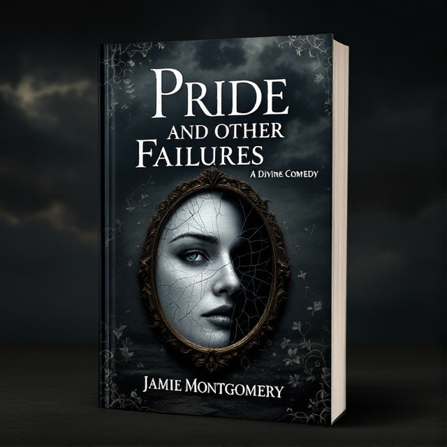 A dark, cloudy sky with hints of sunlight breaking through, symbolizing hope amidst darkness. In the foreground, a cracked mirror reflecting a partial human face, portraying themes of introspection, pride, and failure. Surrounding the mirror, subtle, swirling vines, suggesting growth and redemption.