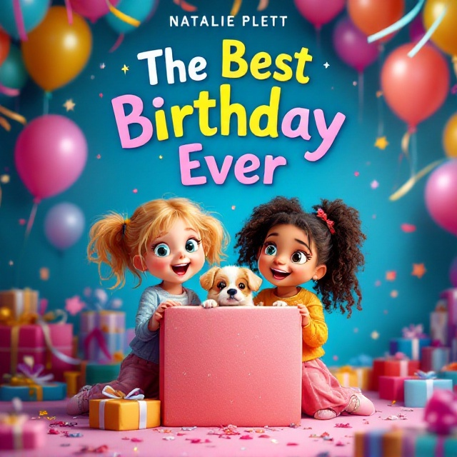 A vibrant and colorful scene depicting two girls, one with blonde hair and teal eyes, and the other with brown hair and hazel eyes, standing against a background filled with balloons, streamers, and scattered presents. A puppy with a playful expression peeks from behind a large gift box, adding an element of intrigue. The girls are shown with excited expressions as they try to guess the secret behind one of the large, unopened gifts.
