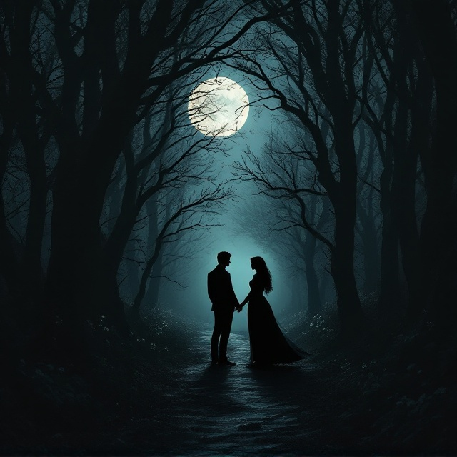 A dark, moody forest scene at twilight, with shadows creating the shape of two silhouettes standing apart yet connected by intertwining tree branches around them. The dim light peeks through the dense canopy, giving a mysterious yet romantic ambiance. A subtle reflection of the moonlight illuminates the path between them, suggesting both separation and connection. Hints of spring flowers are scattered through the forest floor, adding color amidst the gloom.