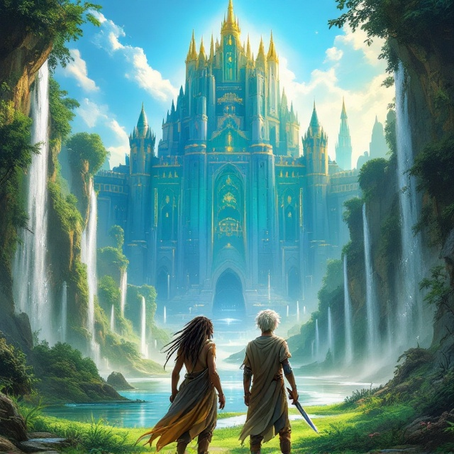 Two 12-year-old boys are centrally depicted in the foreground. The boy with white hair, light skin, and royal clothes stands slightly to the right, looking towards the horizon with an ambitious expression. To his left, the boy with dreads, brown skin, and ragged clothes holds a dagger, poised in a protective stance. Behind them looms the immense jade and gold castle, casting gentle reflections on the lush emerald green grass and the sparkling diamond waterfalls that frame both sides of the cover. The background transitions from a bright, hopeful sky at the top to a darker, more ominous tone near the bottom, illustrating the story's emotional shift.