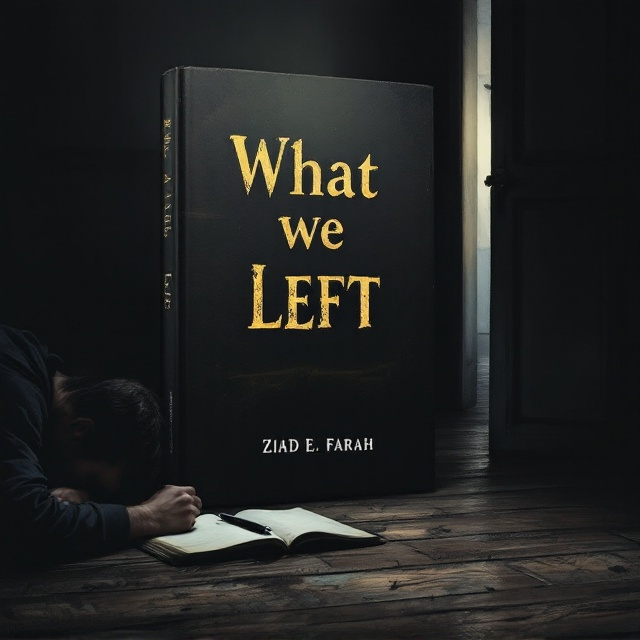 The cover features a dimly lit room rendered in an oil painting style. In the foreground, a solitary man is curled up in the bottom left corner. Beside him lies an open notebook with a pen resting on its pages. The room is enveloped in shadows, with just a hint of light filtering in. The door on the right side of the cover remains firmly closed, casting elongated dark shadows across the wooden floorboards. The overall color scheme revolves around varying shades of grey and black to evoke a sense of turmoil and isolation.