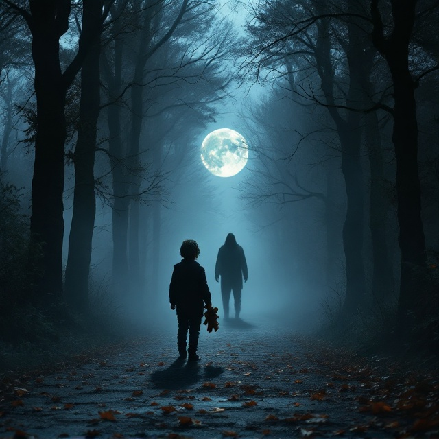 A shadowy, ominous figure lurks partially obscured by tall, dark trees and swirling fog in the deep background. In the foreground, a lonely child clutches a worn teddy bear, casting a long shadow on a misty park path or abandoned forest trail illuminated by a faint moonlight glow. Cold colors of deep blues, blacks, and grays dominate the scene, with subtle accents of burnt orange leaves scattered on the ground.