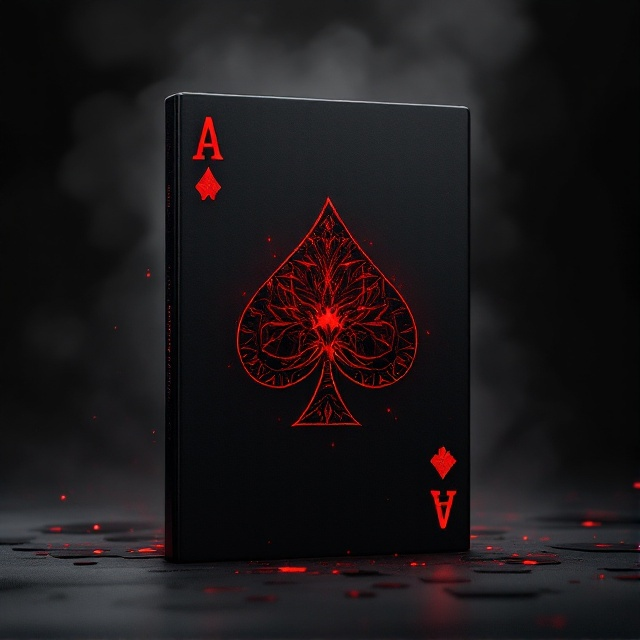 A sleek and mysterious design featuring a large, fragmented Ace of Spades card at the center, slightly tilted. The card is surrounded by a misty, ethereal aura that fades into the black background. The red and black color scheme accentuates the epic yet mysterious vibe. Faint outlines of other playing cards are shadowed in the background, adding depth and intrigue.