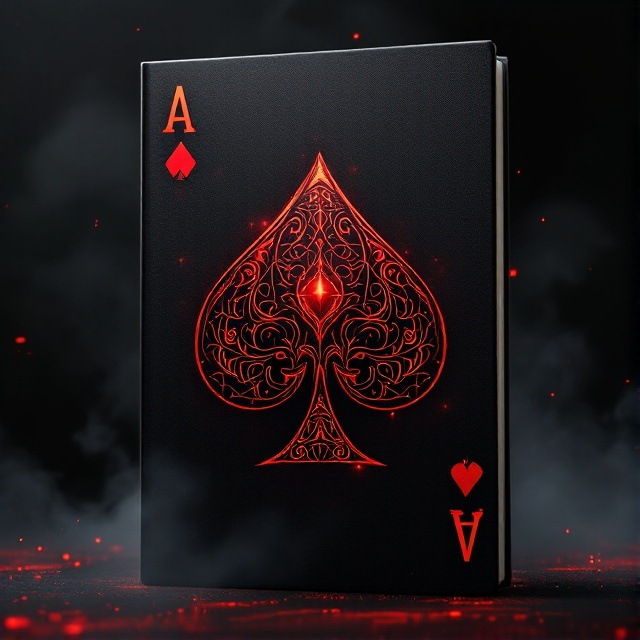 A dynamic black background is dominated by a large, stylized red Ace of Spades symbol with intricate, mysterious patterns adorning its periphery. The center of the Ace features shadows and highlights, suggesting depth and motion. Surrounding the card are faint, smoky tendrils that give an aura of mystique and intensity.